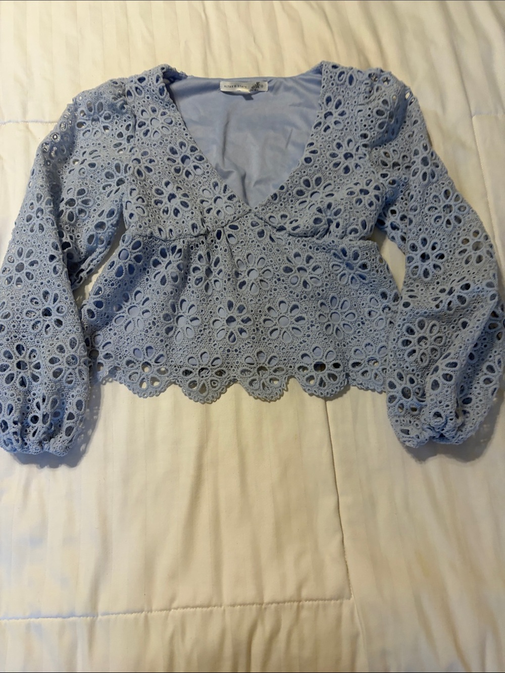Altar'd State Light Blue Crochet Eyelet V-Neck Blouse